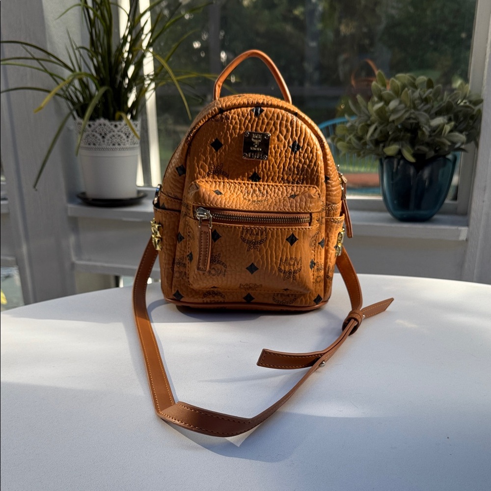 Authentic Mcm Cognac Leather Small Backpack Cross… - image 5